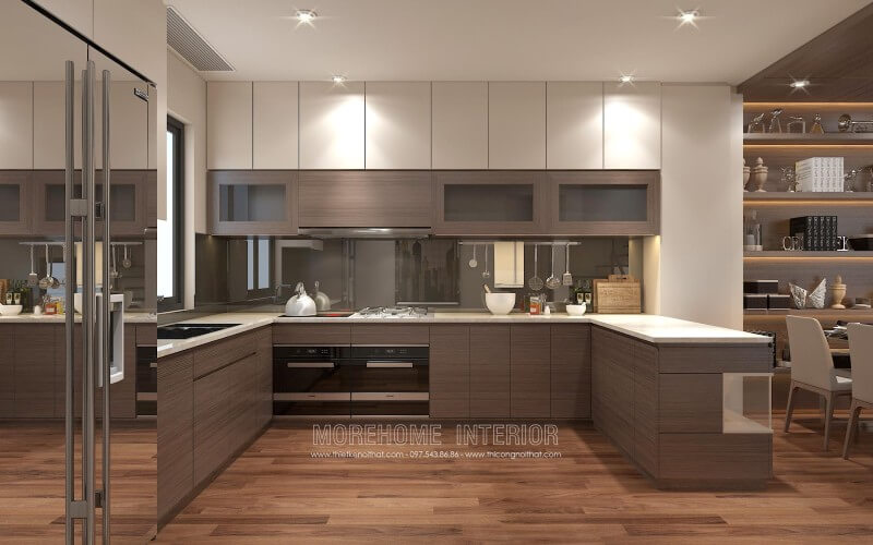Thiết kế tủ bếp chung cư kiểu dáng chữ U với các khu vực được phân bố hợp lý, phân chia góc không gian nhà bếp hài hòa  Thiết kế tủ bếp đẹp