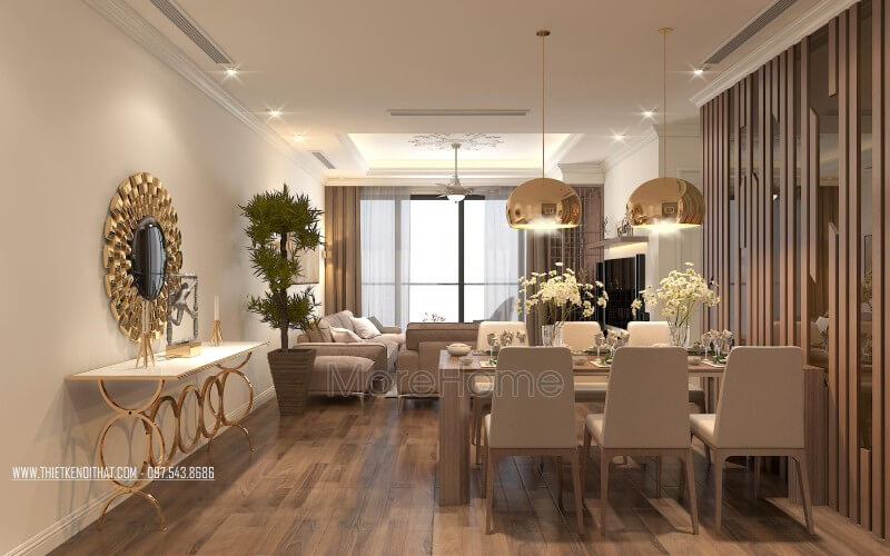 Đối diện bộ bàn ăn thay việc để trống không gian thì KTS trang trí với gương trang trí mạ vàng với thiết kế tinh xảo  Thiết kế chung cư