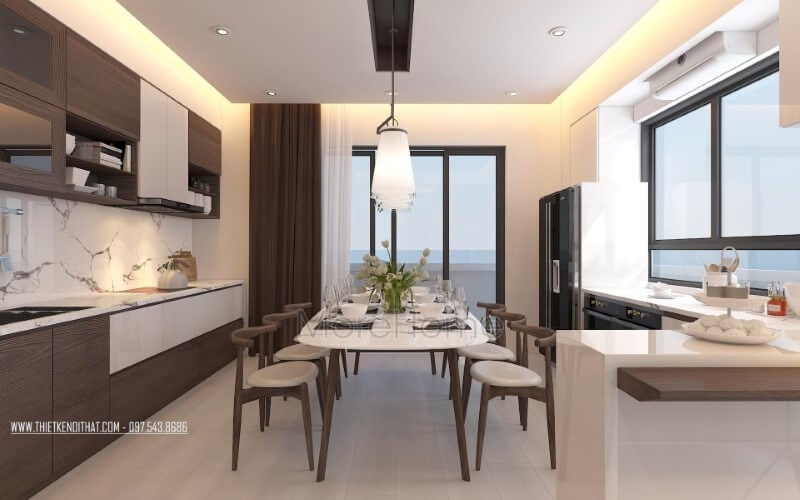 Thiết kế phòng ăn lồng trong phòng bếp vừa tạo không gian hiện đại gọn gàng vừa tiện nghi, sang trọng cho biệt thự, nhà phố.  Thiết kế nội thất phòng ăn biệt thự