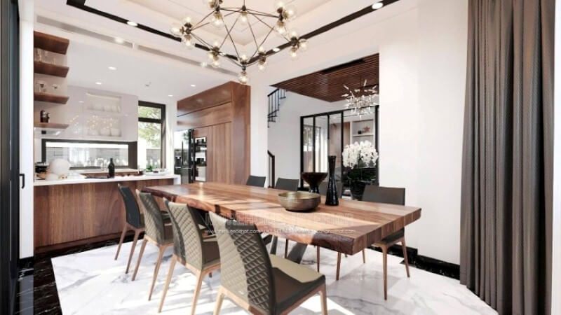 Sẽ là một gợi ý sáng tạo sẽ khiến bạn thích thú như trong ý tưởng thiết kế không gian bếp hiện đại biệt thự Vinhomes Imperia Hải Phòng trong đây, thiết kế kệ trang trí ở vị trí gần bàn ăn nhất giúp bạn lấy ly, chén một cách nhanh chóng.
