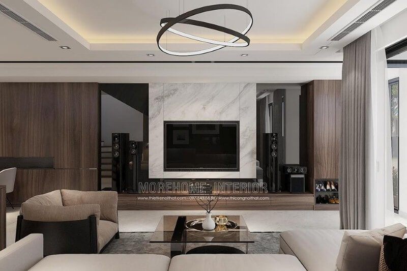 Trang trí tường phòng khách bằng đá granite đẹp sang trọng