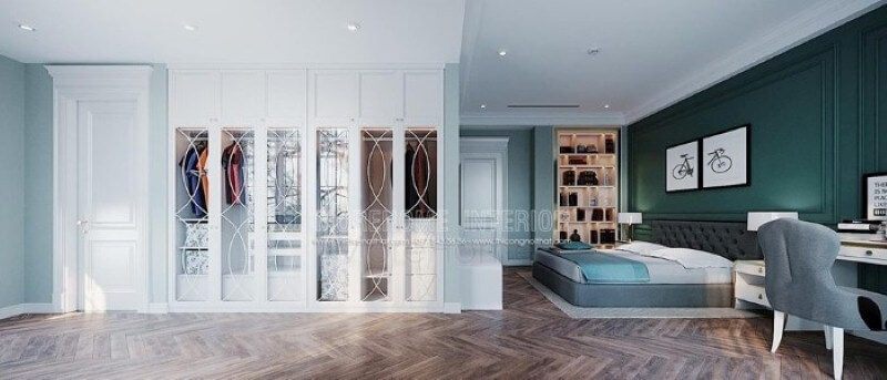 Tủ quần áo âm tường được trang trí âm tường tạo cảm giác thông thoáng ấn tượng cho phòng ngủ.
