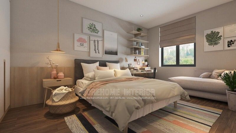 Gạch giả gỗ ốp tường cùng cách trang trí hiện đại, độc đáo đã tạo nên phòng ngủ trẻ trung, sinh động.