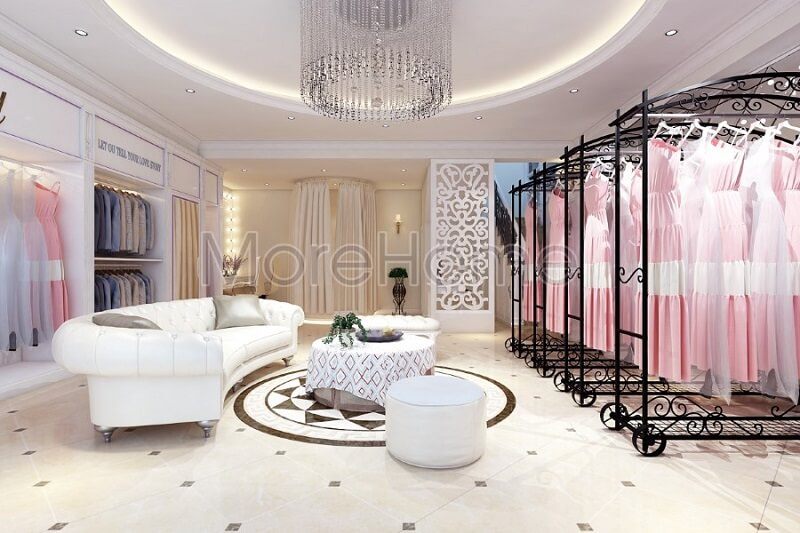 Mẫu thiết kế showroom áo cưới tinh tế với tông màu trắng chủ đạo mang đến vẻ đẹp sang trọng của không gian nơi đây