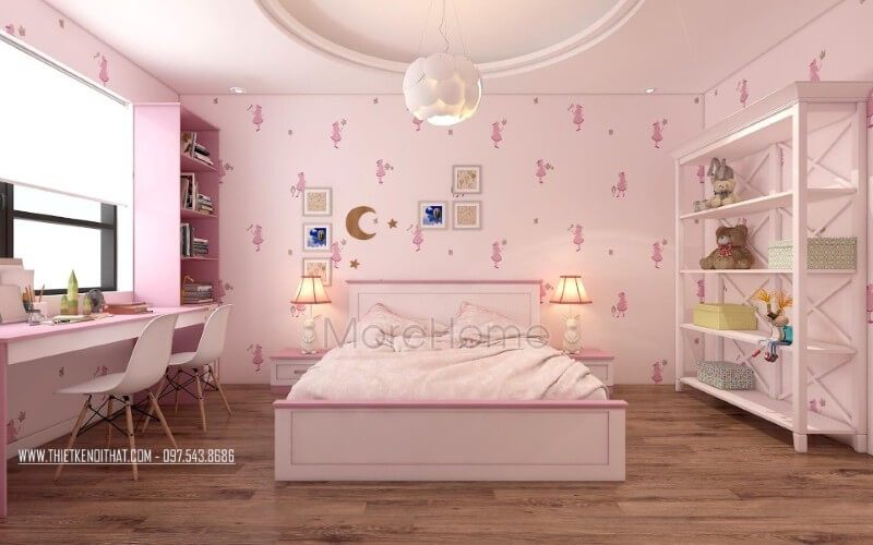 Thiết kế phòng ngủ bé gái hiện đại, nội thất gỗ công nghiệp nhẹ nhàng được bố trí hợp lí giúp bé có một không gian nghỉ ngơi và học bài tập trung, thoải mái nhất